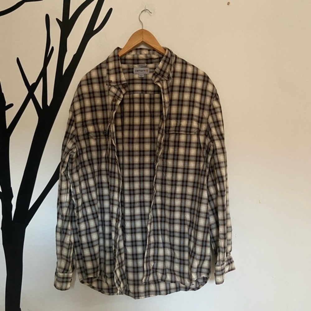 Carhartt relaxed fit cream blue and brown checked 100% cotton button down
